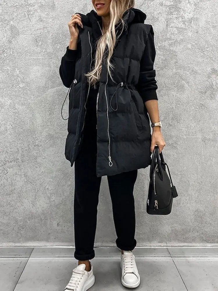 Женский пуховой жилет средней длины черная теплая Свободная куртка без рукавов с
