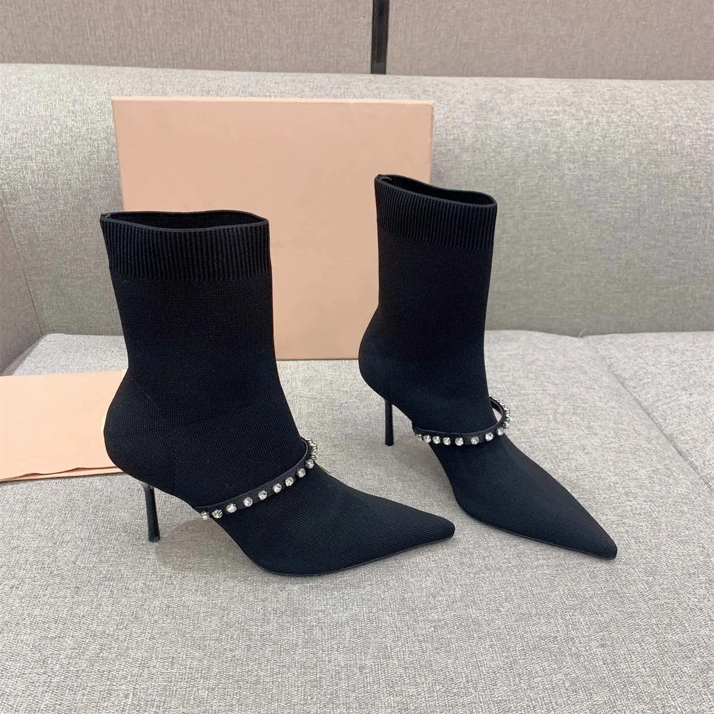 

Casual Designer Sexy Lady Fashion Women Boots Black KNITTING STRETCH Point Toe High Heels Lace Up High Heels Bride Shoes Booties