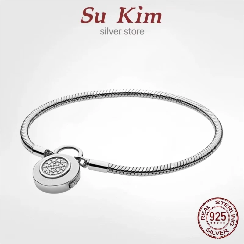 

New Fit Original luxury 925 Sterling Silver pan bracelet love heart Snake Chain Charms Bangle For Women DIY high quality Jewelry