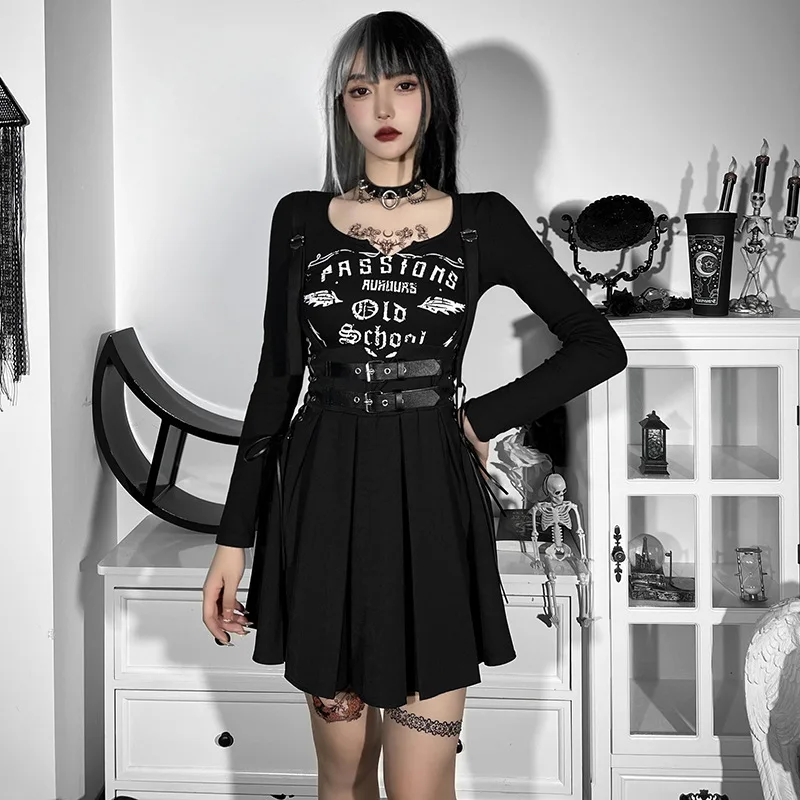 

Dark wind pleated skirt sexy suspenders high waist strap design sense package hip waist waist skirt