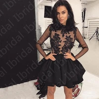 exquisite black lace homecoming gowns long sleeves wedding party gowns high neck illusion bodice cocktail dresses mini length