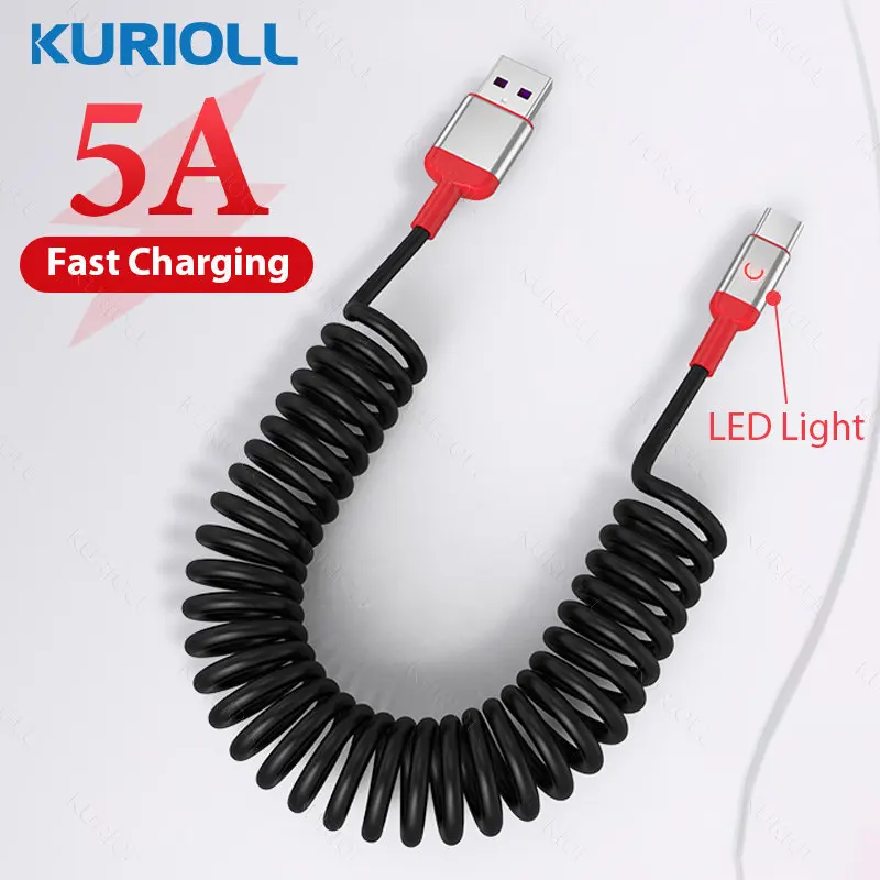 

KURIOLL 5A LED Spring USB C Cable Fast Charging Type C Micro USB Cable for Xiaomi Redmi Honor Quick Charge Kabel