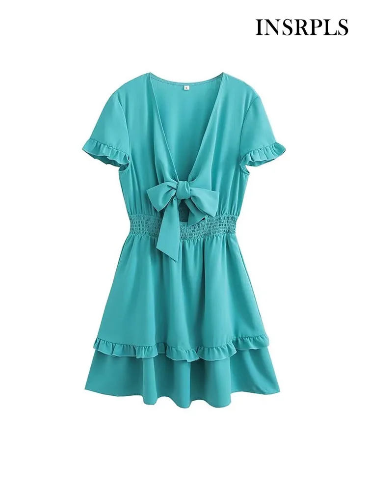 

Женское мини-платье с бантом, коротким рукавом и эластичным поясом