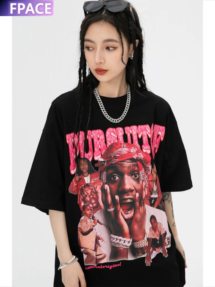 

Summer Men and Women Loose plus Size Clothing High Street Fashion Brand Rap Hip Hop Singer Figure Short Sleeve T-shirt oversized