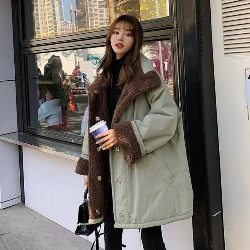 Both Sides Wear Lamb Wool Coat Women's Winter Padded Jacket 2021 Korean Version Loose Student Thickening Tooling Padded Jacket