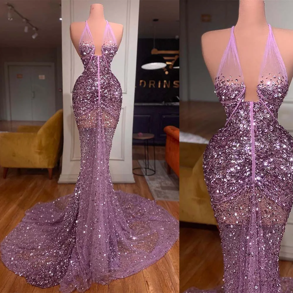 

Sexy Women Evening Dresses With Deep V-Neck Lllusion Sequined Halter Dress Sleeveless Party Special Occasion Prom Gowns Hot Sale
