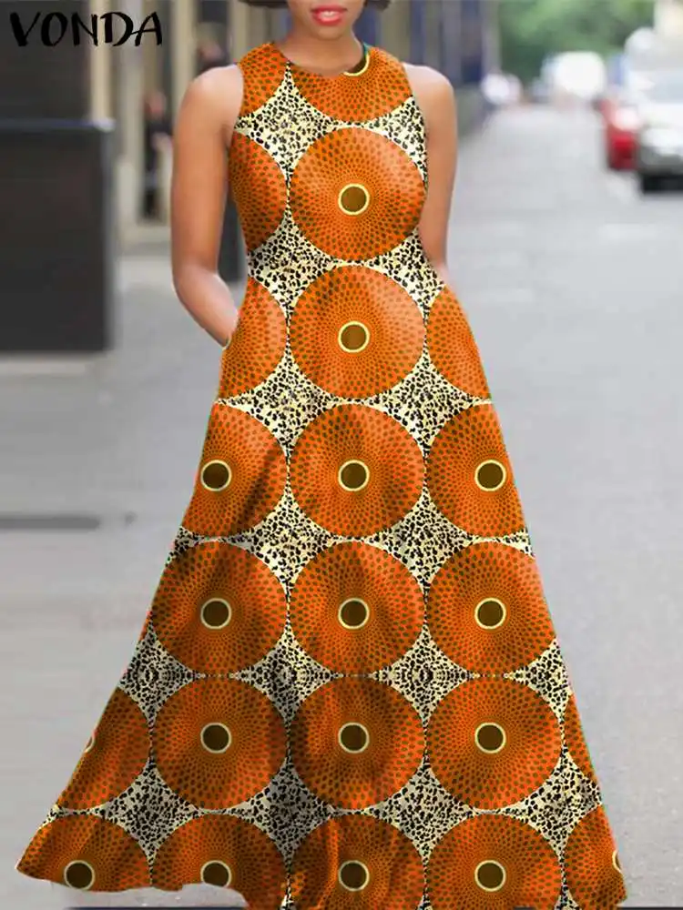 Женское платье-макси без рукавов с принтом