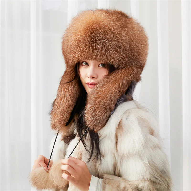 2022 100% Real Fox Fur Women's Hats Russian Ushanka Aviator Trapper Snow Ski Hat Earflap Caps Winter Raccoon Fur Bomaber Hat