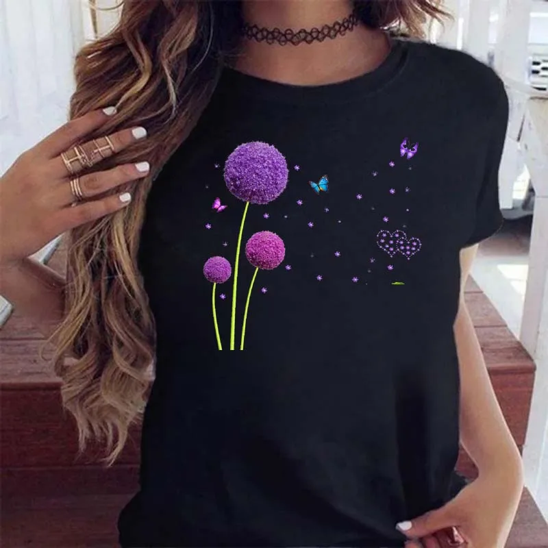 

T Shirt For Women Fashion Flowers Print Tees Summer Casual O-neck T-Shirts Kawaii Style Female Clothing Loose Short Sleeve Tops