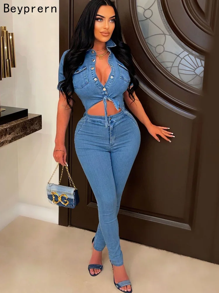 

Beyprern New Chic Short Sleeve Tie-Front Button Details Denim Rompers Fashion Cut-Out Jeans Jumpsuits Skinny Night Club Overalls