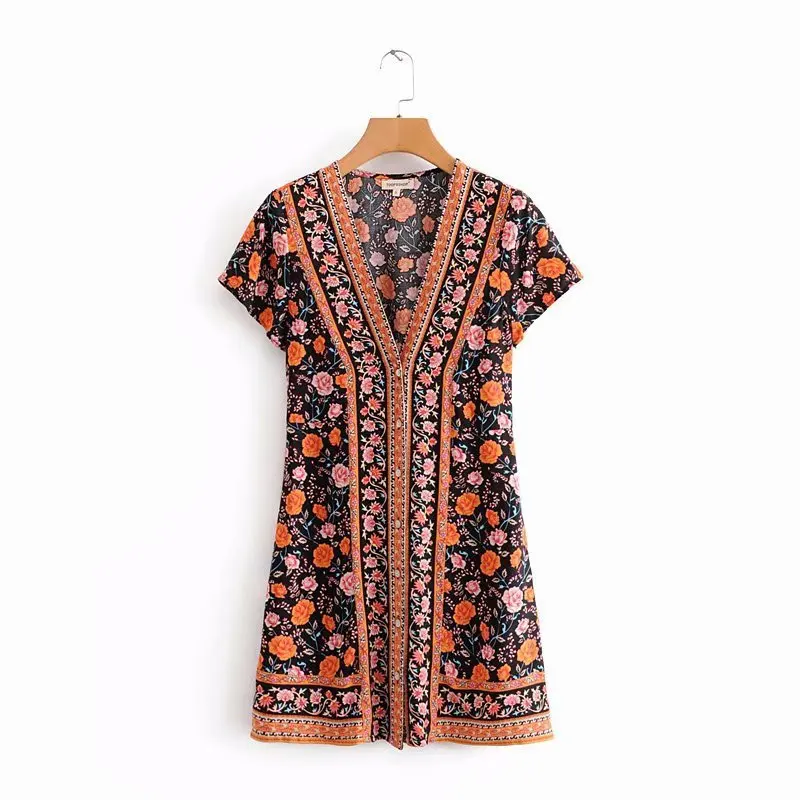 

Boho Style Women Floral Print Dress Single Breasted V Neck Ladies Summer Short Sleeve Lace Up Mini Holiday Dress for Female