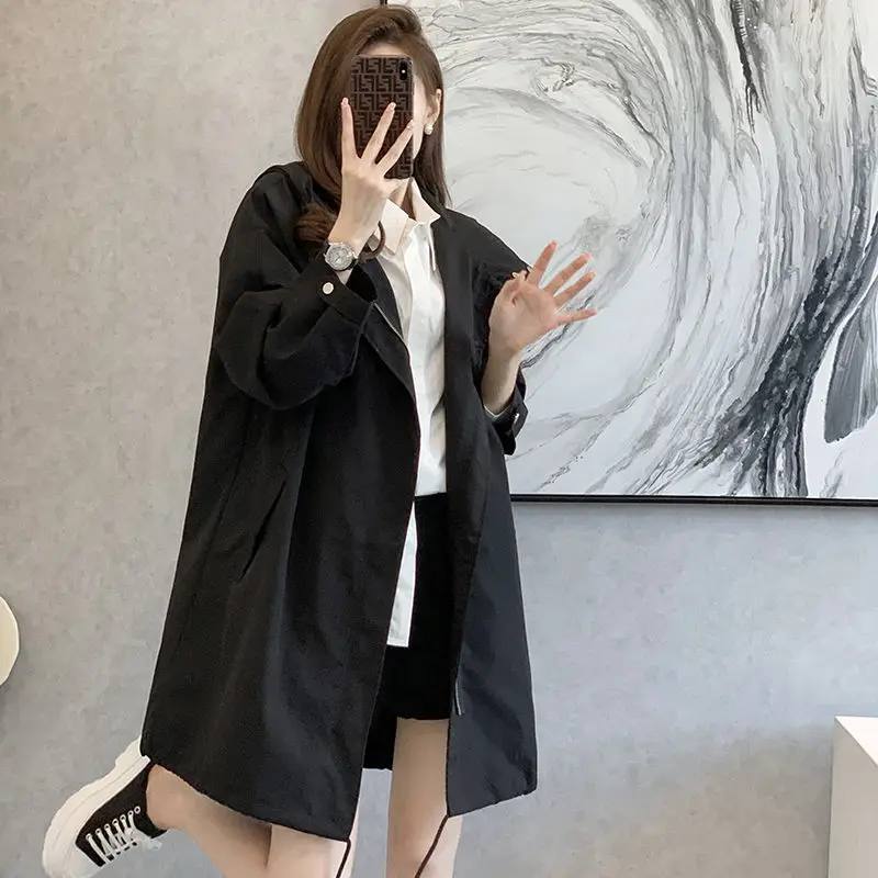 

Large Size Women's Medium Long Loose Coat Spring And Autumn 2023 New Solid Color Windbreaker Casual Hooded Jacket T1787