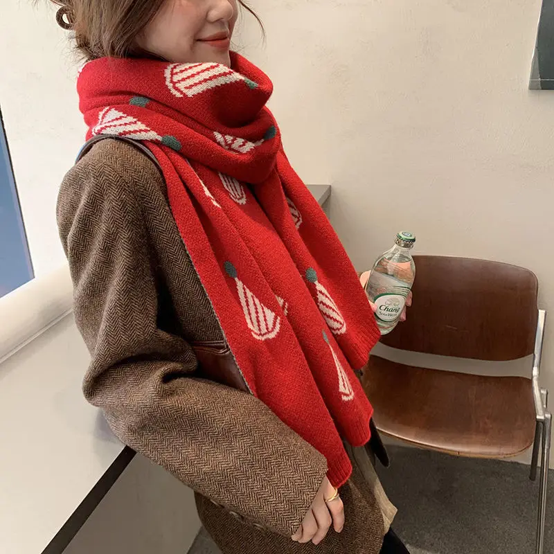 Рождественский красный шарф для женщин теплая осенне-зимняя версия вязаный пар
