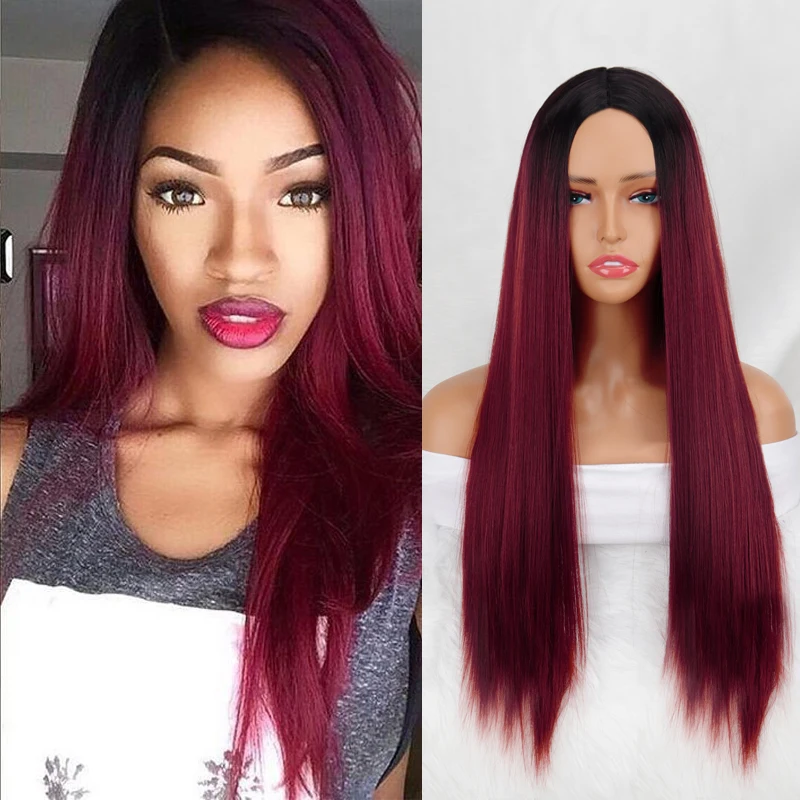 

Длинные прямые парики цвета красного вина, подходят для афроамериканских женщин, парики для повседневвечерние, косплея, волоконные термост...