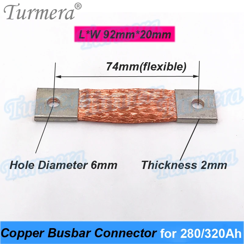 Turmera Busbar Lifepo4 Battery Flexible Copper Connecter 2mm Hole to Hole 74mm 400A Use in 12V 280Ah 310Ah 320Ah Lifepo4 Battery