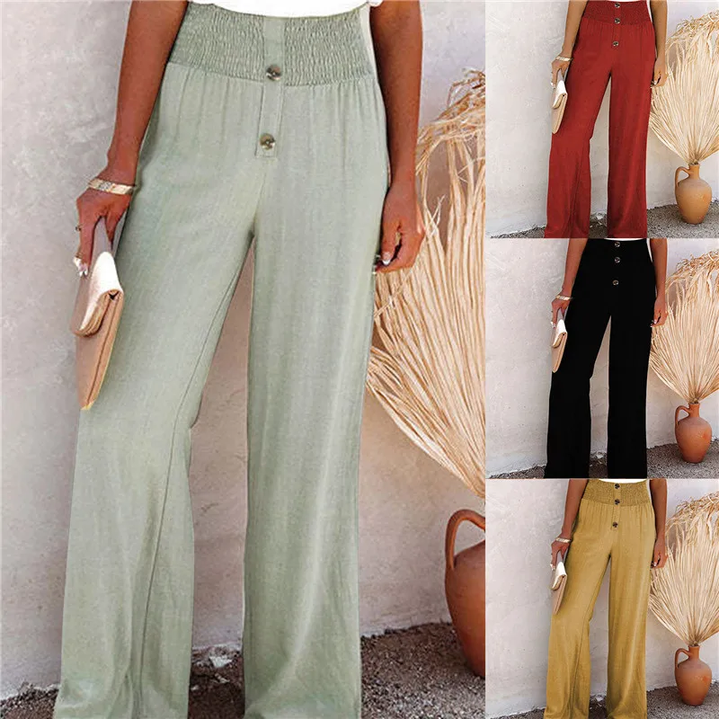 

2022 Summer Spring Harajuku Solid Color Ruffle Buttoned Pants Women Casual Waist Trousers Female Elegant Wide Leg Straight Pant