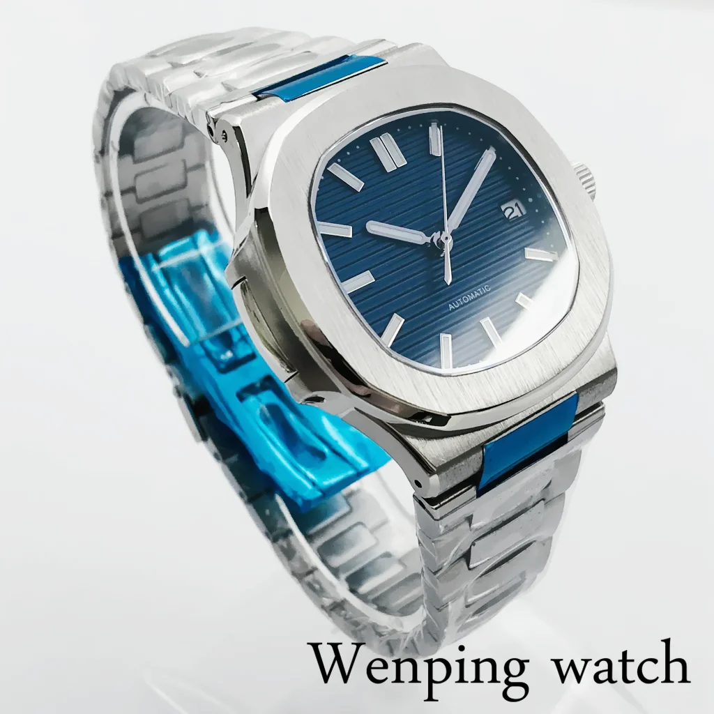 Часы мужские автоматические 39 мм серебристые с синим циферблатом и сапфировым