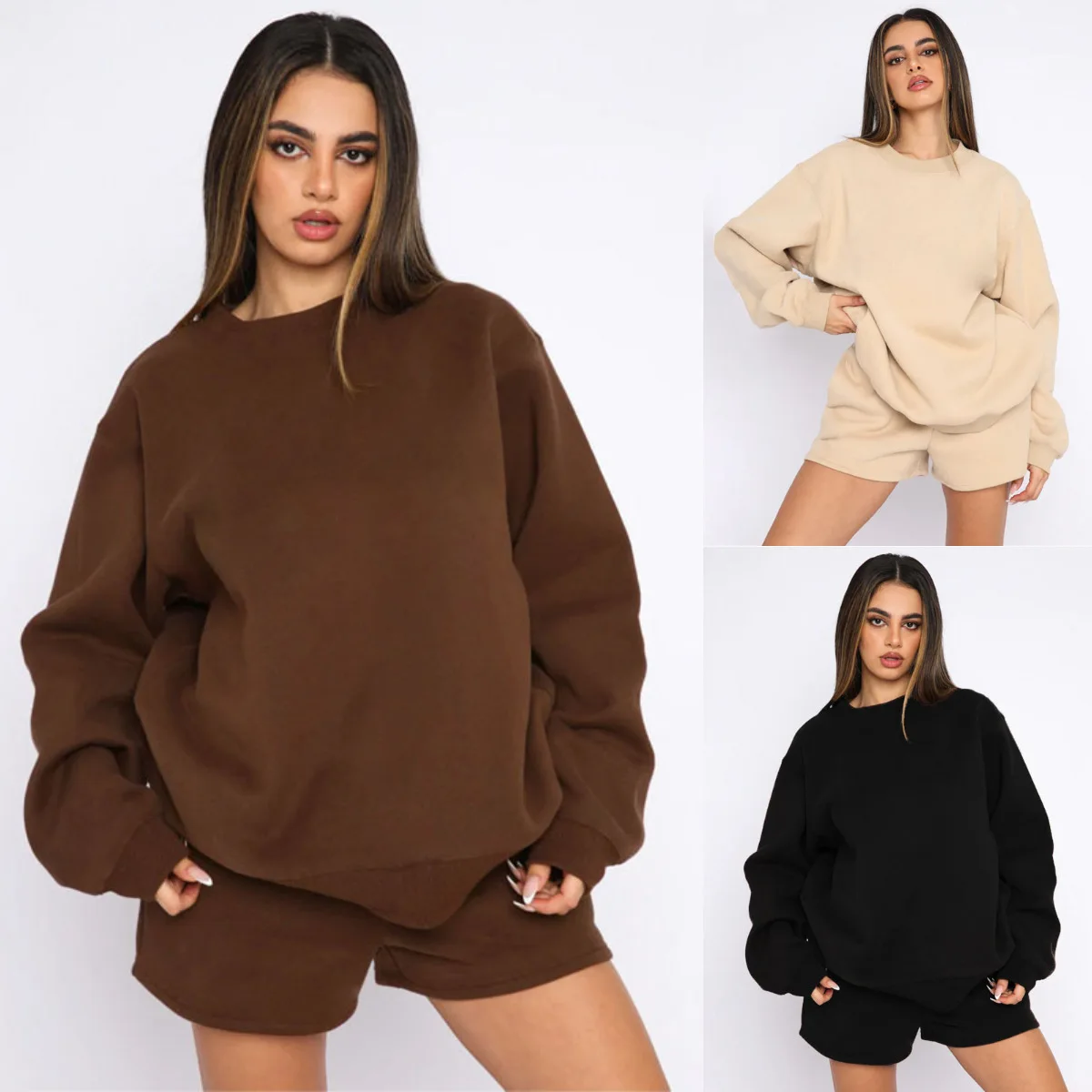

Autumn New Solid Round Neck Pullover Sweatshirt Fashion Loose Long Sleeve Sweatshirt High Waist Shorts Two Piece Set For Women