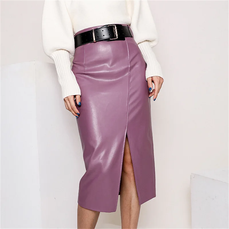 

2023 Новое поступление осенне-зимняя женская юбка из натуральной овечьей кожи с высокой талией и разрезом выше колена