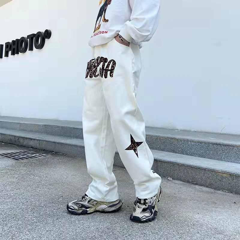 

Прямые рваные джинсовые брюки большого размера с леопардовым принтом и вышивкой алфавита для мужчин и женщин