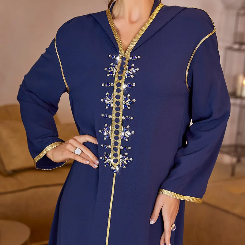 Arab Dubai Muslim Dress Women With Diamond Hooded  Islamic Clothing Spring Autumn Elegant Jalabiya Abayas Muslim Maxi Dress Robe