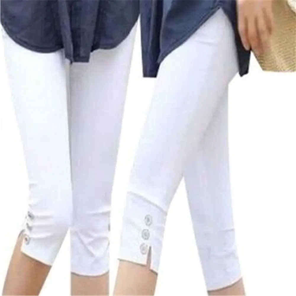 Female Hot Sale Solid Knee Length Trousers Women Summer Cotton Calf-length Pants Lady Mid Elastic Waist Stretch Pencil Capris