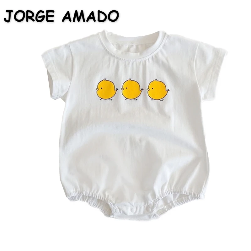 

2022 New Summer Baby Girl Boy Bodysuit Short Sleeves Round Collar White Yellow Chick Print Cotton Jumpsuit Child Clothes E2153