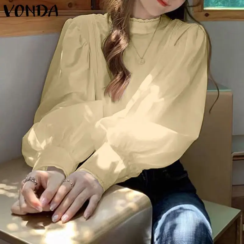 

Элегантные рубашки с длинным рукавом VONDA 2022, женская блузка, повседневные однотонные плиссированные топы, женские блузы большого размера, ж...