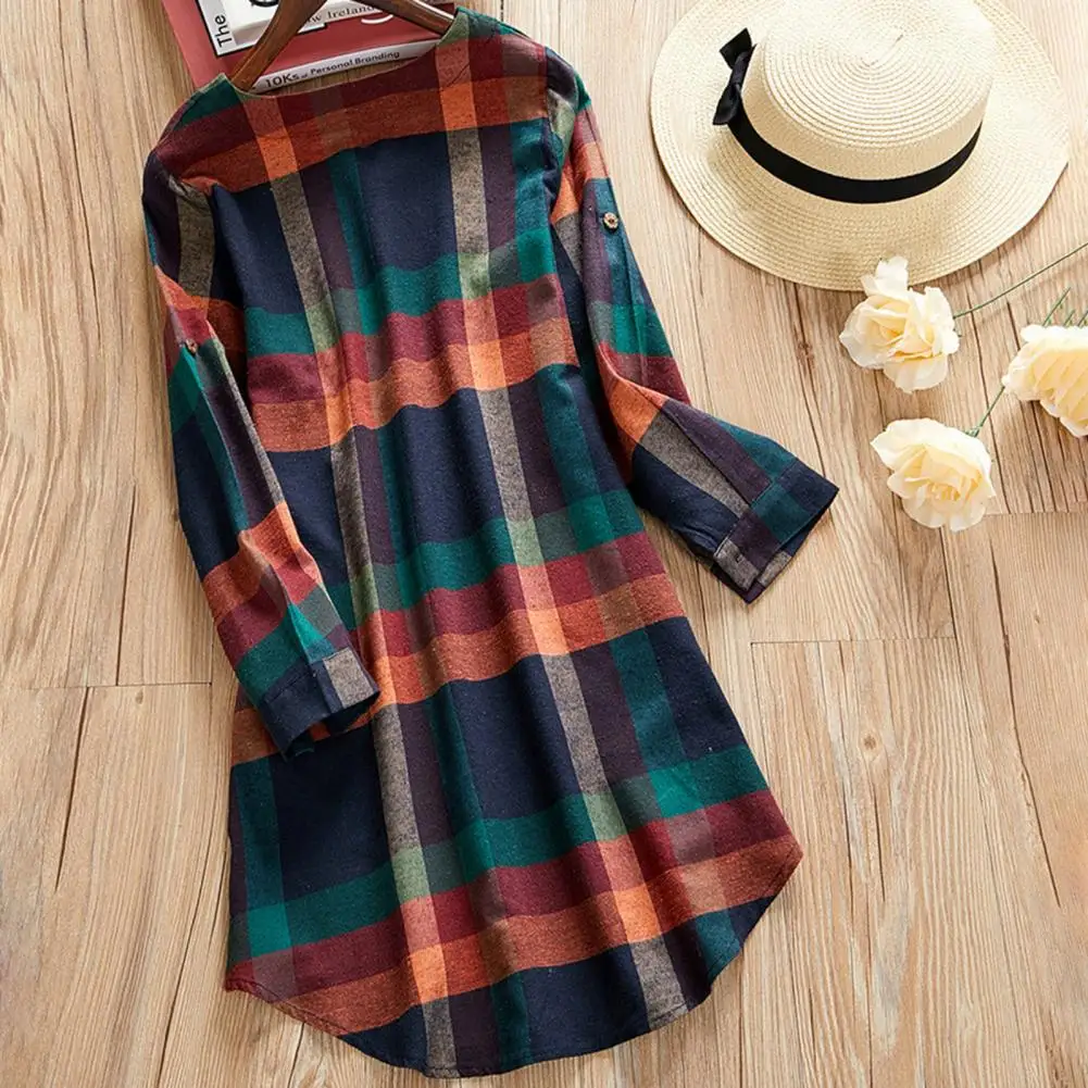 

Button Cuffs Lightweight Women Elegant Plaid Office Ladies Shirt Blouse Streetwear