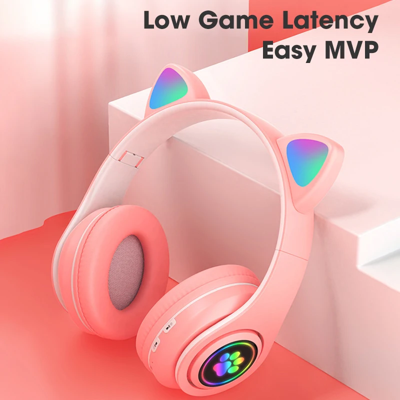 

Мигающие светодиодные наушники с милыми кошачьими ушками, Bluetooth беспроводная гарнитура с микрофоном, TF, FM, детские музыкальные стереонаушни...