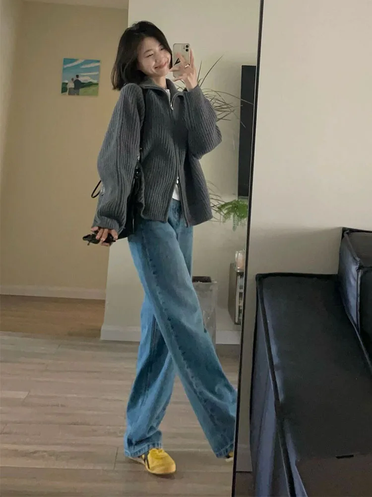 Женский базовый Серый кардиган свитер с полувысоким воротником мягкий вязаный