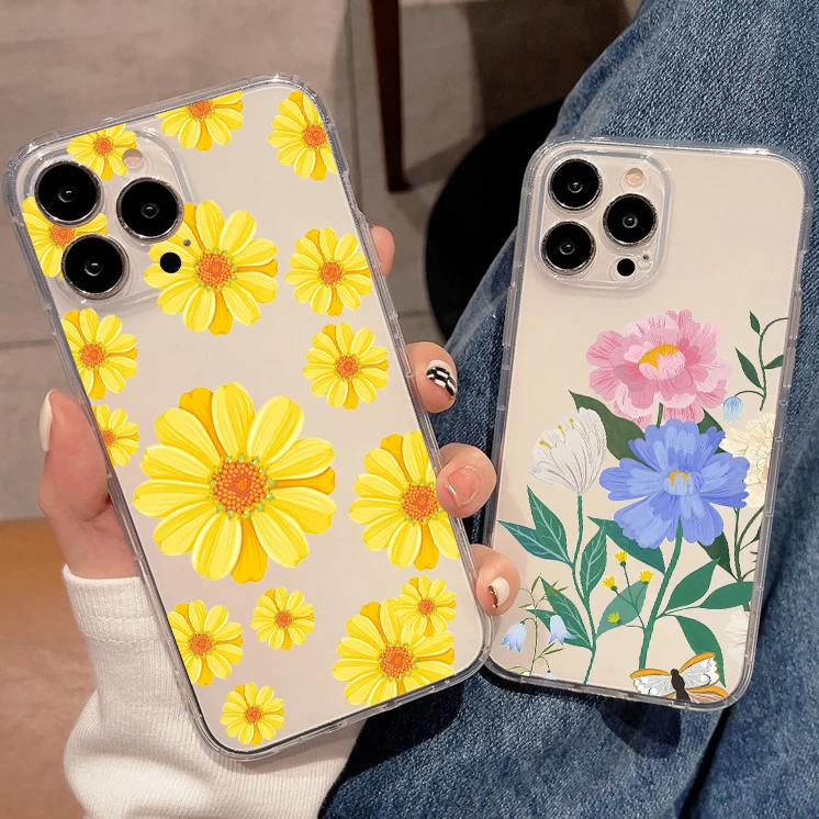 

Flower Art Painting Phone Cases For iPhone 11 12 13 Mini SE 2020 6 6S 7 8 Plus X XS XR Pro Max Soft TPU Pattern Clear