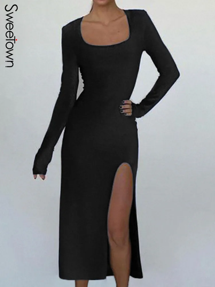 

Sweetown Winter 2022 Elegant Velvet Long Dress Split Slim Sexy Club Party Dresses For Women Square Collar Full Sleeve Vestidos