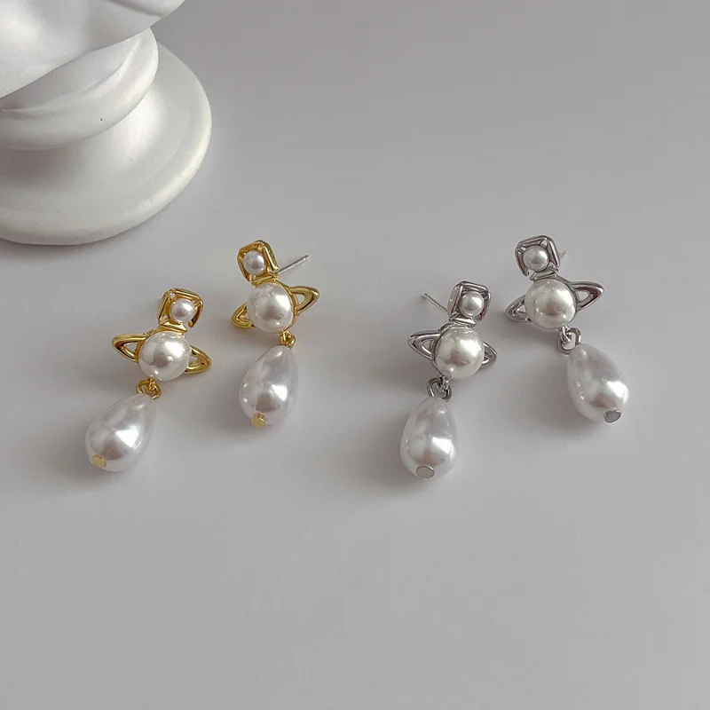 

Minar Korean Fashion Imitation Pearl Star Planet Long Dangle Earrings for Women Water Drop Hanging Earring Statement Jewelry