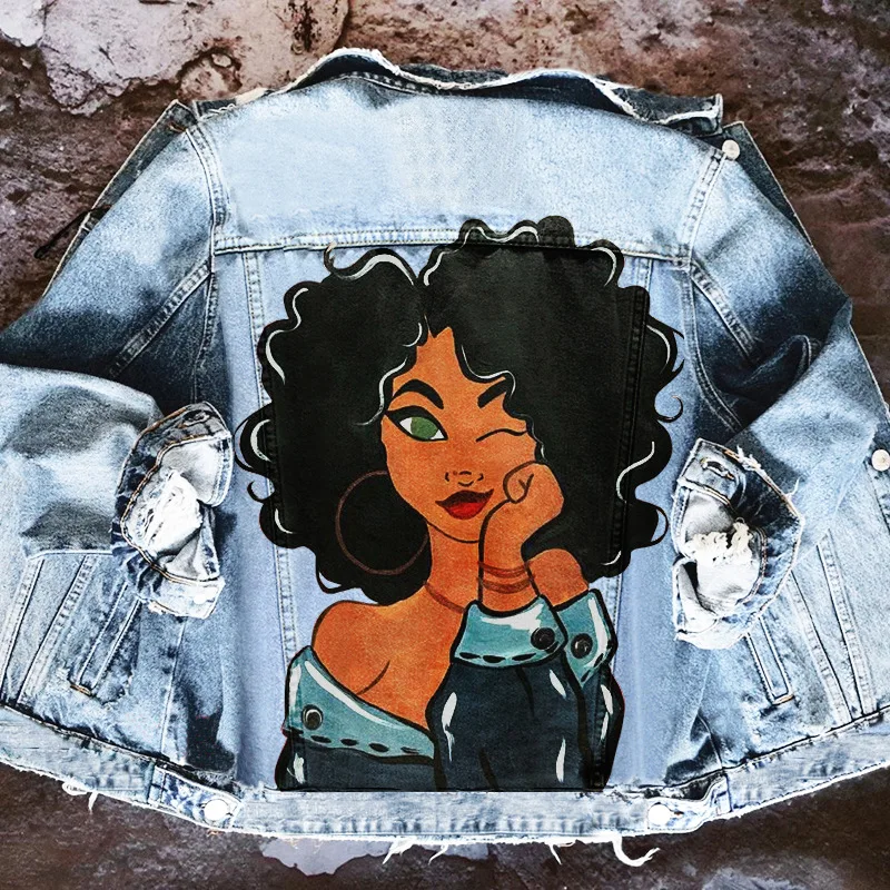 

Women's spring and autumn new hot-selling jacket INS street personality curly girl pattern print lapel washed denim jacket