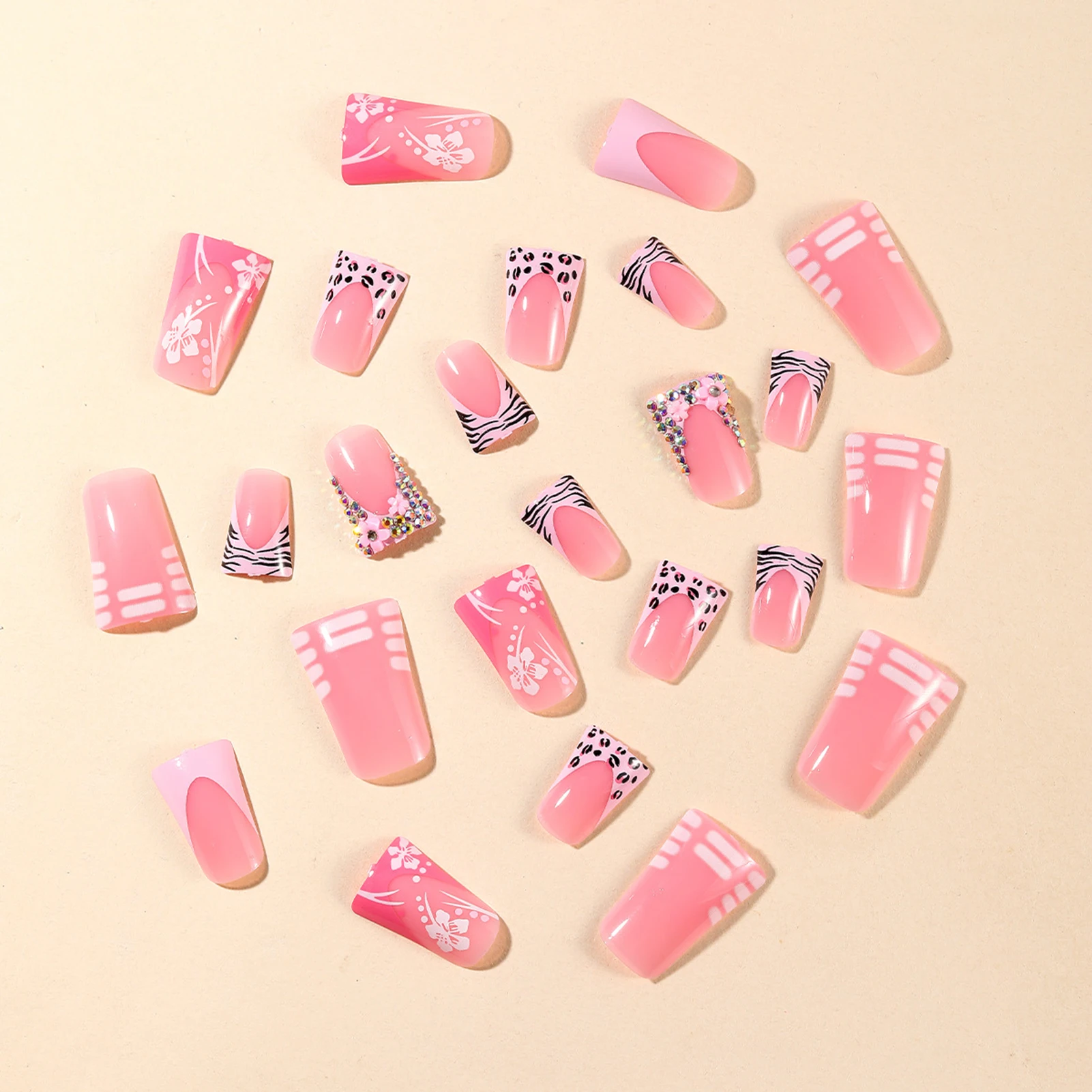 24 шт. накладные ногти с розовым утконосом и леопардовым принтом во французском