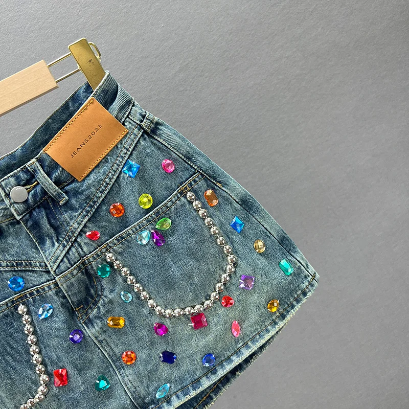 Denim Shorts Women's Culotte 2023 Spring Summer New High Waist Exquisite Rhinestone Wide Leg Short Pants Booty Shorts Female
