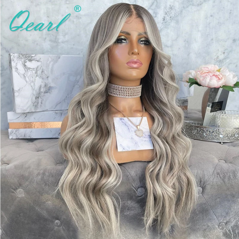 Human Hair Full Lace Wigs Grey Ash Brown Blonde Mixed Lace Front Wig for Women 13x6 HD Lace Frontal Wavy 150% Remy Hair Qearl