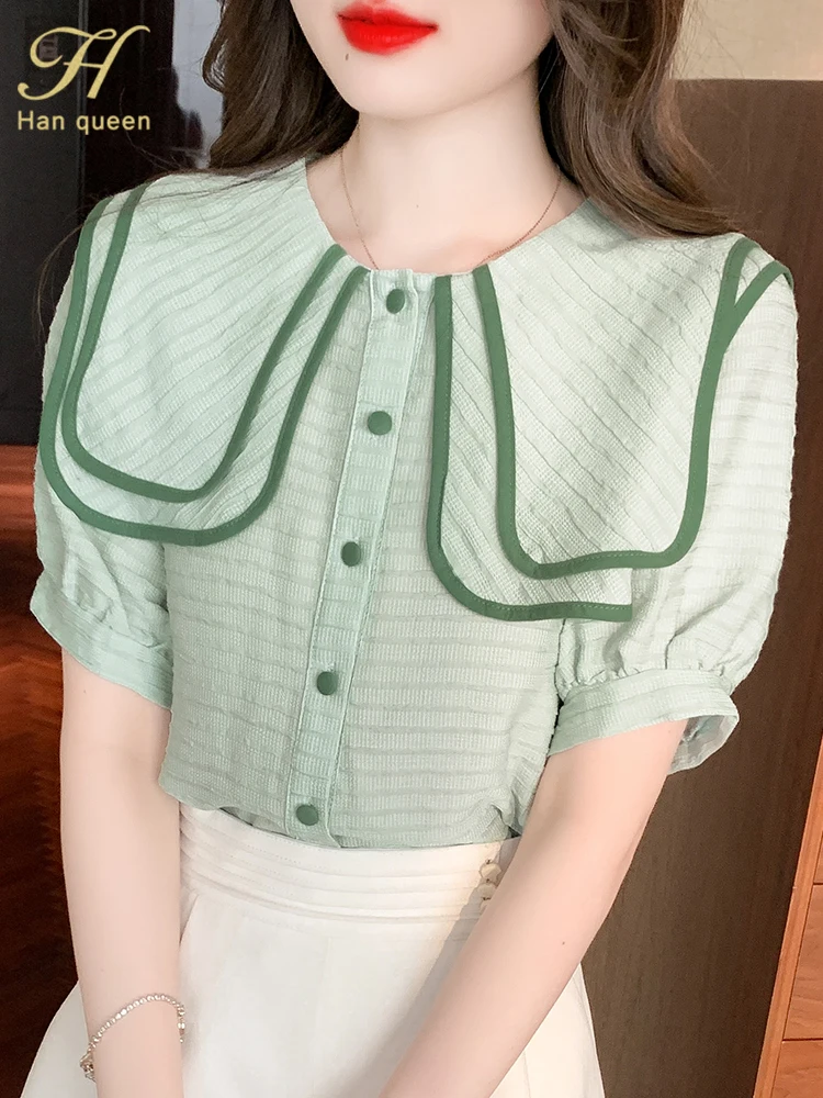 

H Han Queen 2023 Summer Color Blocking Loose Office Blusas Vintage Tops Women Elegant Short Sleeve Chiffon Blouses Casual Shirts
