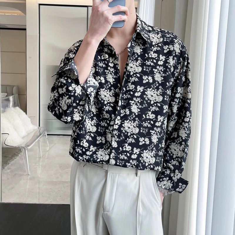 2022 Summer Korean Floral Shirts for Men Long Sleeve Casual Social Party Tuxedo Blouse Vintage Streetwear Camisas Para Hombre