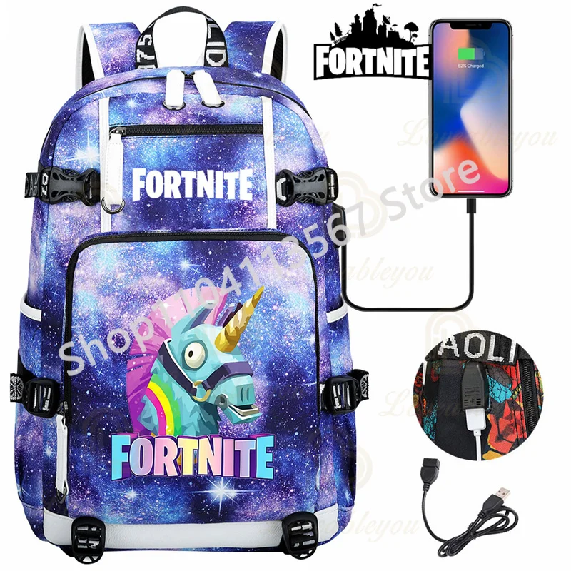 Фото Рюкзак Llama Knight F-Fortnited Battle Royale с USB-зарядкой, аниме-фигурки, отделение для канцелярских принадлежностей для учебы, студентов Mochila №4