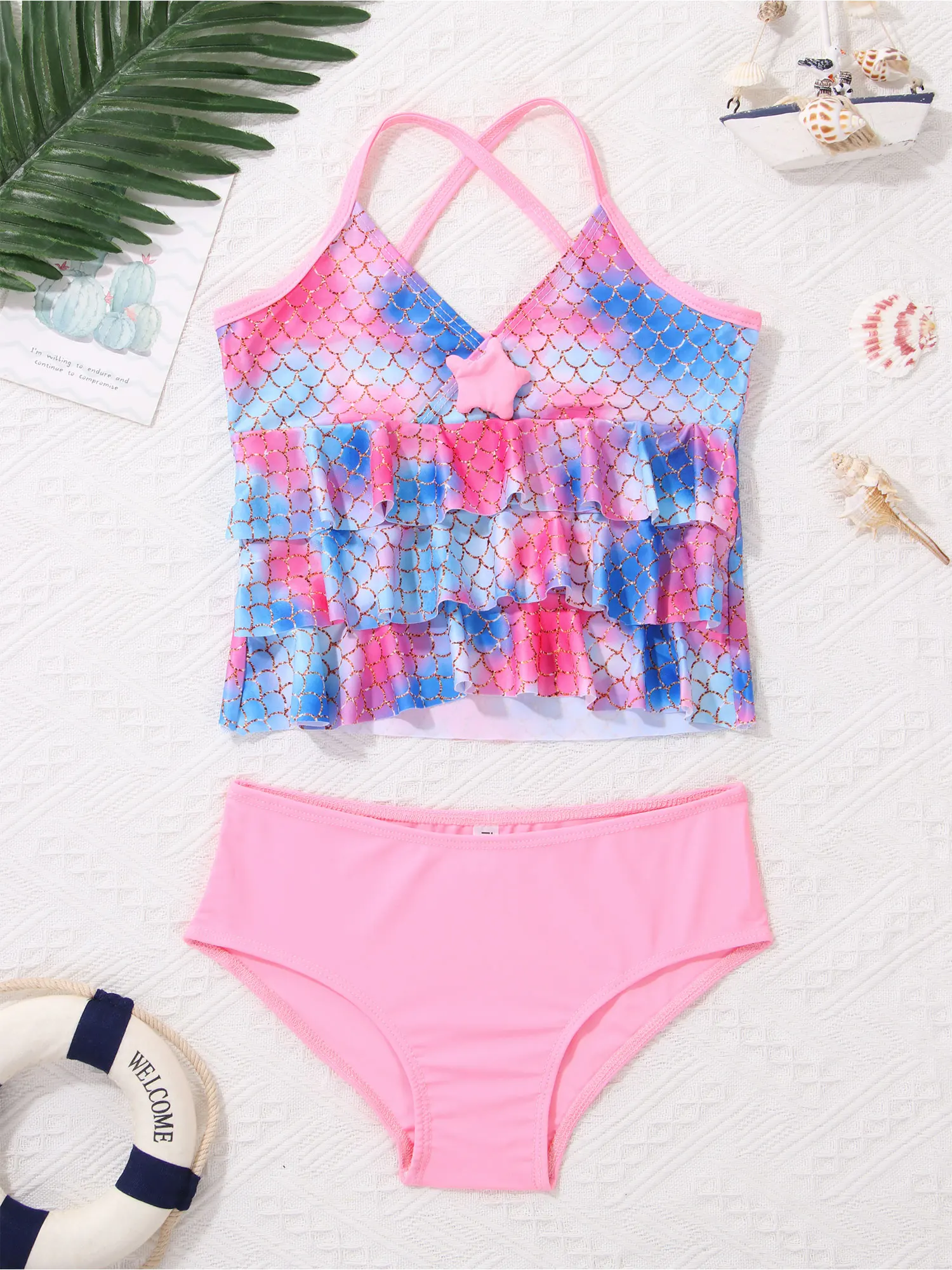 

2PCS Kids Girls Tankini Bikini Swimsuit Mermaid Scales Printed Starfish Swimwear Swimming Bathing Suit Set Tops with Bottoms