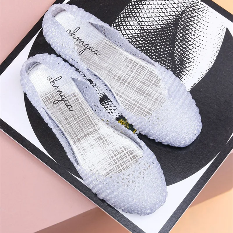 Lady Low Price Free Shipping Ballet Flats Bling PVC Mary Jeans Cut-Outs Breathable Slip-Ons Round Toe Jelly Casual Summer Loafer