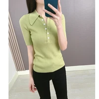 super slim polo collar knit merino wool quality point collar short sleeves slim solid color button lapel top