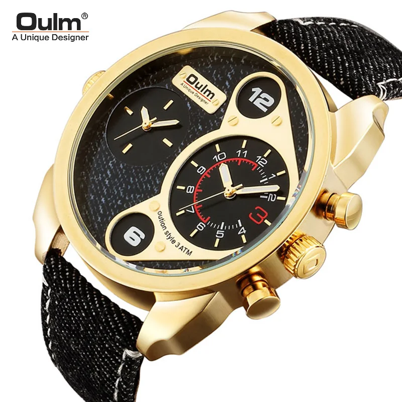 

Oulm Top Brand New Luxury Watches Men Sports Watches Two Time Zones Quartz Wristwatch Black Canvas Straps Man Watch montre homme