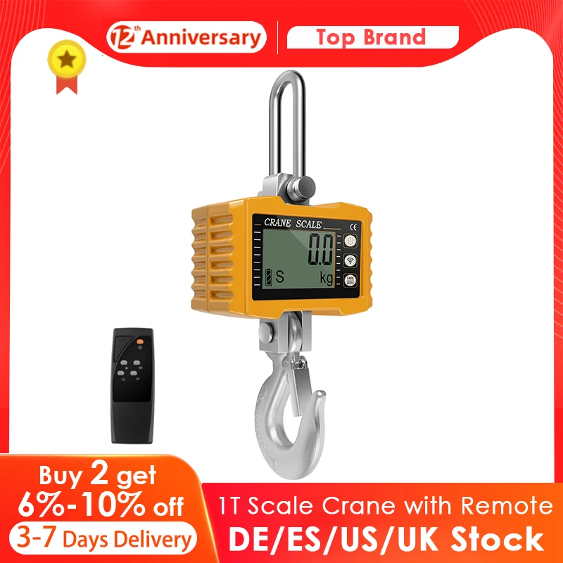 1T Scale 1000kg High-Precision 42Cr Material Sensor LCD Display Crane Scale with Backlight Remote Control