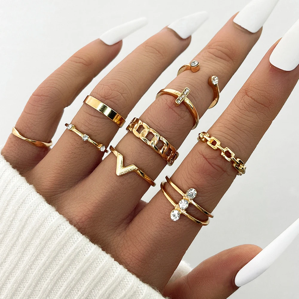 

9Pcs/Set Vintage Gold Color Cross Rings for Women Simple Letter V Geometric Finger Ring Shine Trendy Party Wedding Jewelry New