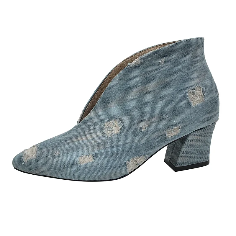 Женские джинсовые Ботинки на каблуке ковбойские ботильоны с острым носком