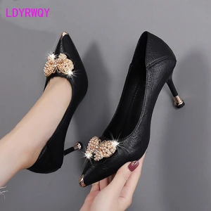 2022 Soft leather high heels for women, round heels for women, butterfly single shoes for women