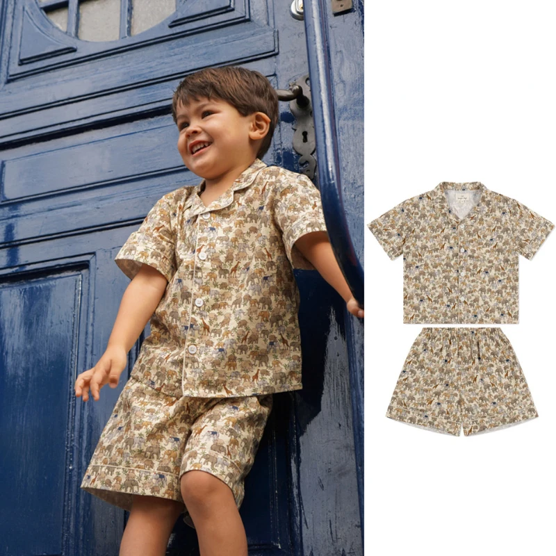 

Shirt for Boy KS Children's Suit Elephant Giraffe Print Summer Cardigan Children's Shirt Short-sleeved Top Boy Child Shorts